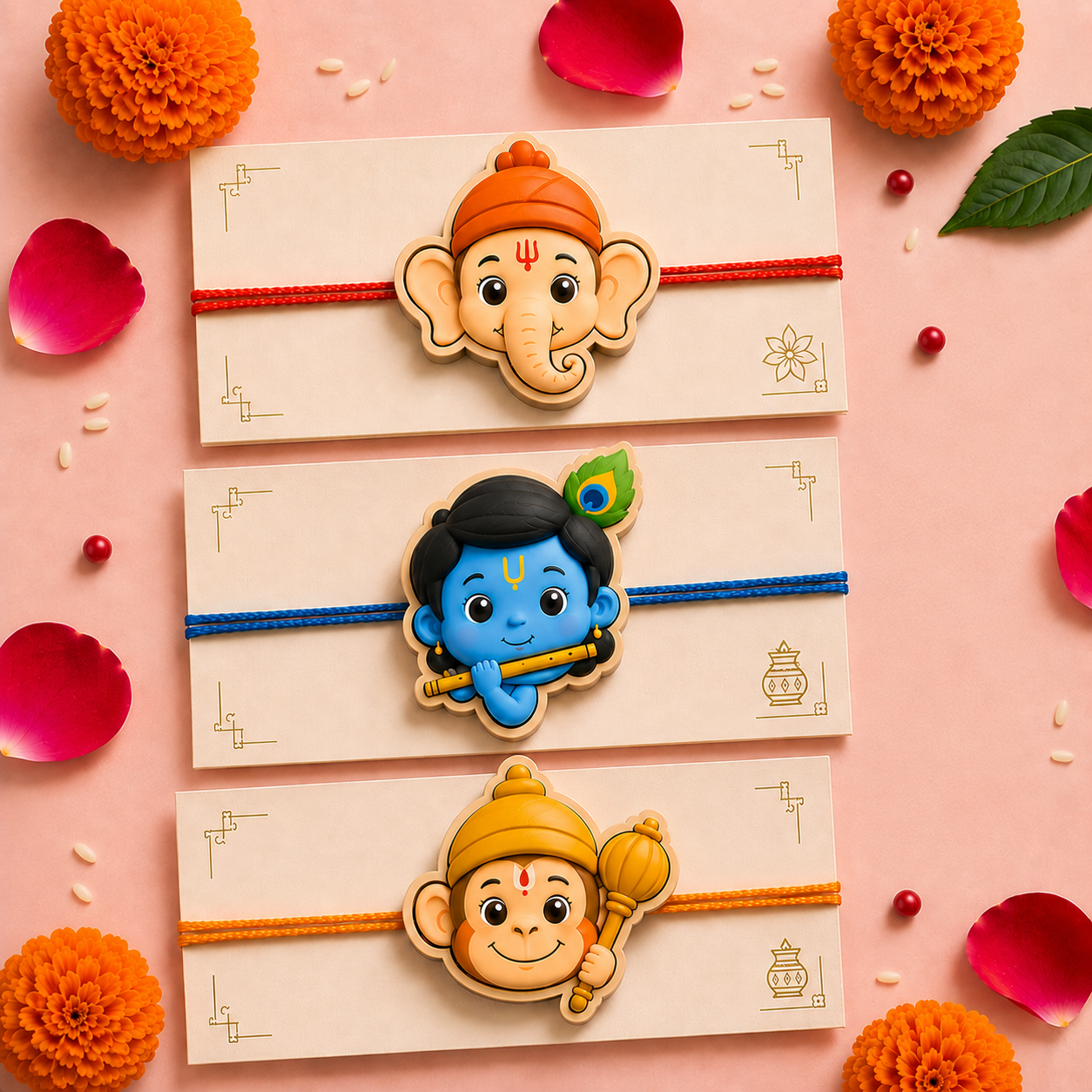 Rakshabandhan Special: Krishna, Radha, Sudama Wooden Peg Dolls with Rakhi Set