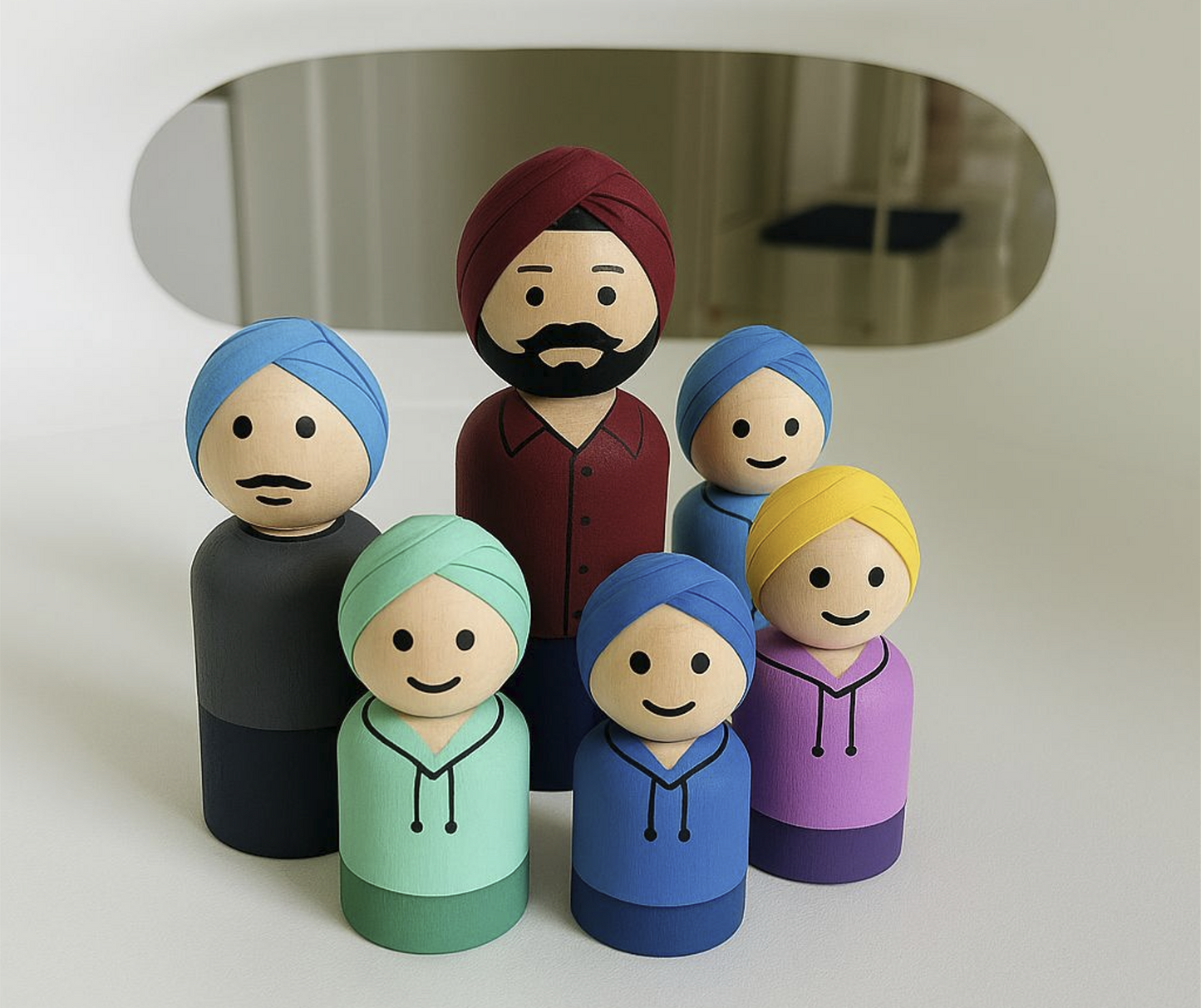Happy Singh & Co. – Handcrafted Wooden Dolls Set | Traditional Peg Dolls | 6-Piece Decor & Play Set (4”, 3”, 2.5”)