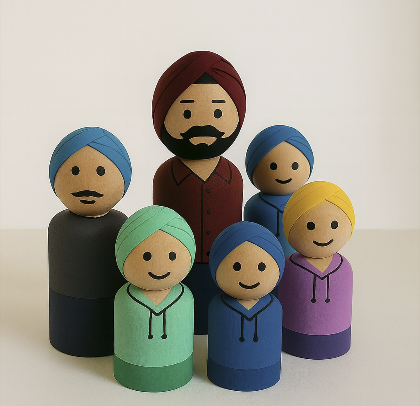 Happy Singh & Co. – Handcrafted Wooden Dolls Set | Traditional Peg Dolls | 6-Piece Decor & Play Set (4”, 3”, 2.5”)