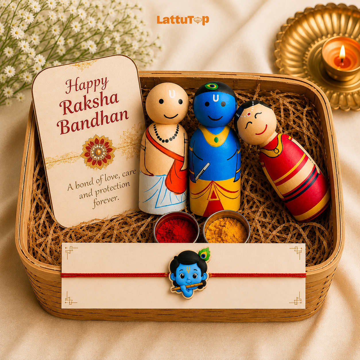 Rakshabandhan Special: Krishna, Radha, Sudama Wooden Peg Dolls with Rakhi Set