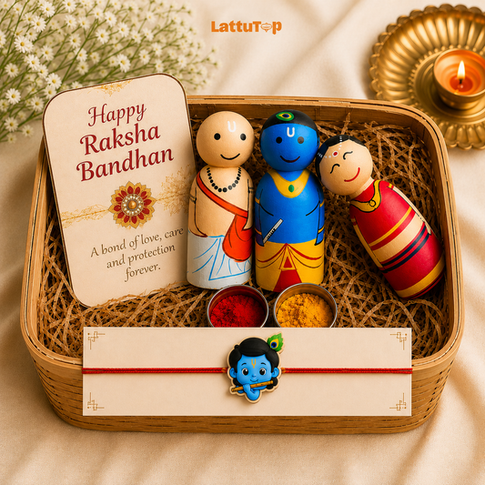 Rakshabandhan Special: Krishna, Radha, Sudama Wooden Peg Dolls with Rakhi Set
