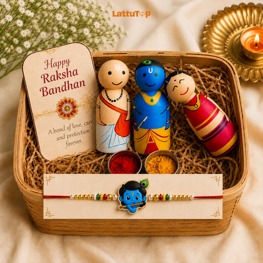 Rakshabandhan Special: Krishna, Radha, Sudama Wooden Peg Dolls with Rakhi Set